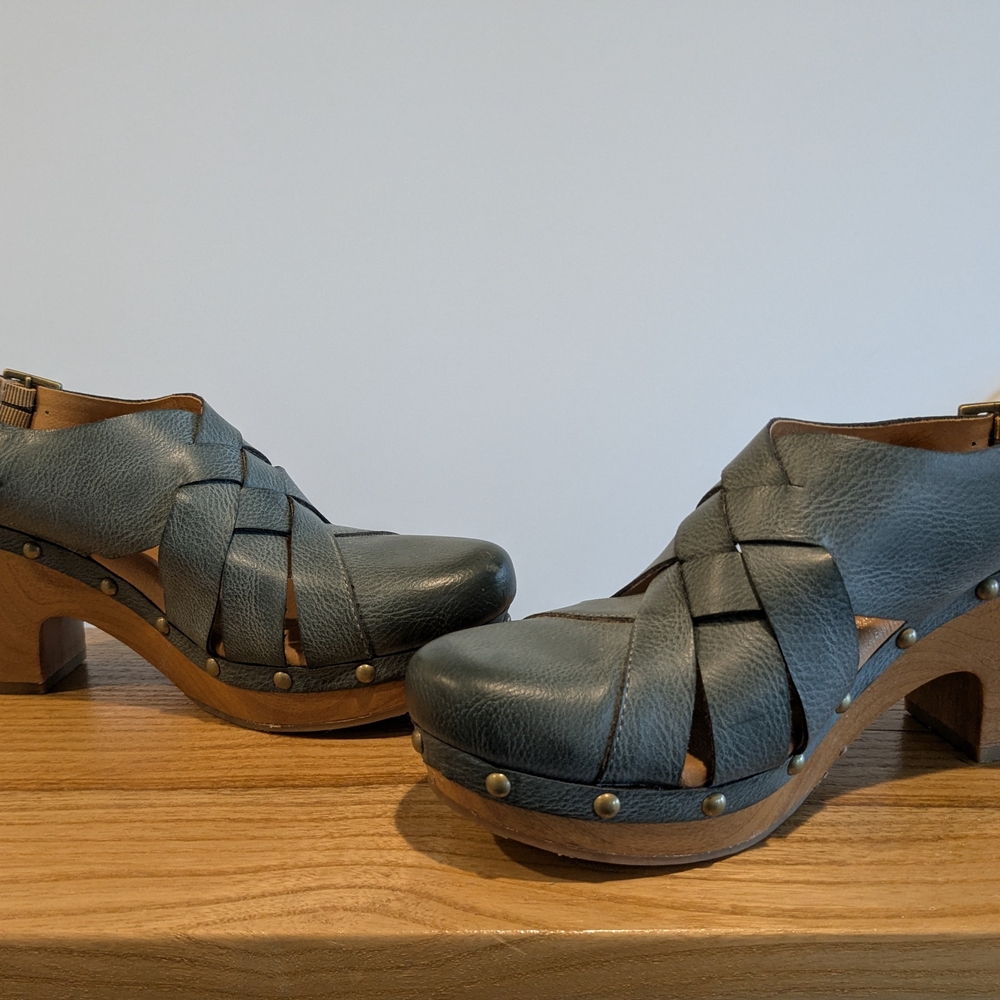 Kork-Ease Blue Mules with Wooden Heel